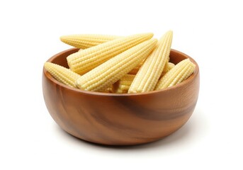 Baby corn in a wooden bowl on white background isolated on white background