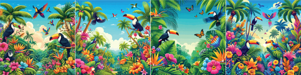 Set of colorful tropical forest vector illustrations