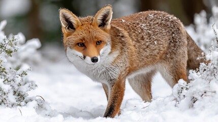 Fototapeta premium A Curious Red Fox Gracefully Exploring A Snowy Forest Landscape Surrounded By White Bushes.