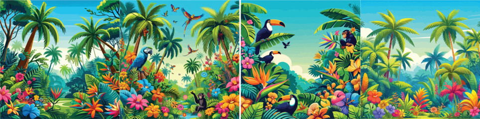 Set of colorful tropical forest vector illustrations