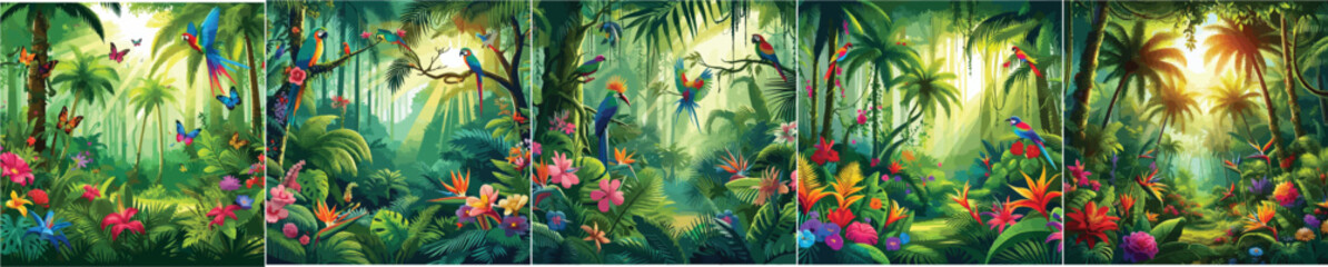 Set of colorful tropical forest vector illustrations