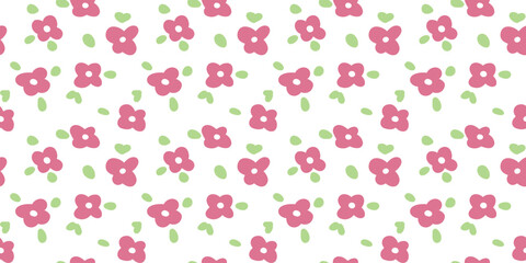 Seamless repeating floral pattern with simple pink flowers and green leaves on a light background. Cute minimal hand drawn style, playful and decorative, ideal for textiles, wallpaper and stationery.