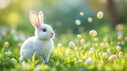 Fototapeta premium White rabbit in a green meadow with floating Easter eggs. Whimsical spring background with speckled eggs and warm sunlight. Magical holiday concept for banner or greeting card
