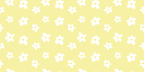 Seamless repeating pattern with simple white flowers on a soft yellow background. Minimal cute floral design in hand drawn style, perfect for textiles, wallpaper, wrapping paper, stationery and prints