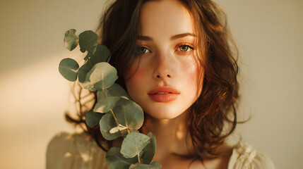 This image presents a calm and elegant nature-inspired portrait, where eucalyptus leaves symbolize freshness and balance.