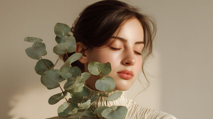 This image presents a calm and elegant nature-inspired portrait, where eucalyptus leaves symbolize freshness and balance.