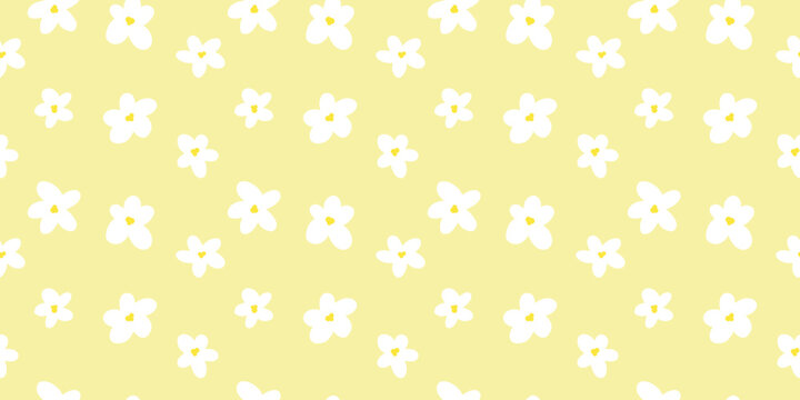 Seamless repeating pattern with simple white flowers on a soft yellow background. Minimal cute floral design in hand drawn style, perfect for textiles, wallpaper, wrapping paper, stationery and prints