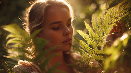 This image portrays a soft interaction between a woman and fern leaves, highlighting harmony, calmness, and natural elegance.