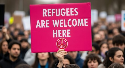 A person holds a pink sign that reads refugees are welcome here at a protest or rally with a crowd in the background