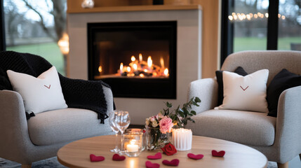 Obraz premium This inviting living room features two stylish chairs, a warm fireplace, ambient candles, and decorative flowers, creating a romantic atmosphere perfect for relaxation.