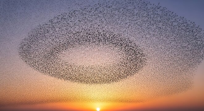 Spectacular aerial formation of a murmuration of starlings against a vibrant sunset sky, creating a natural spectacle