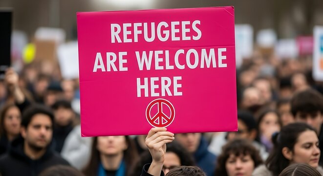 A person holds a pink sign that reads refugees are welcome here at a protest or rally with a crowd in the background