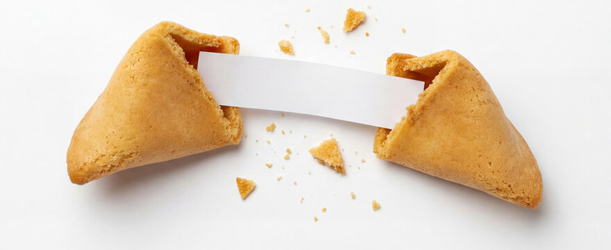 Cracked open classic traditional Chinese American fortune cookie mockup with blank white paper slip, scattered crumbs on white. Simple elegant layout