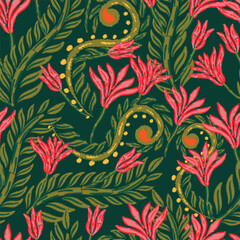 Seamless floral pattern featuring flowers and leaves, suitable for nature-inspired backgrounds and fabric designs.