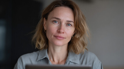 Woman teacher or psychologist looking at webcam on tablet.