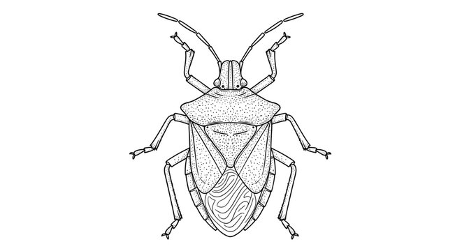 Detailed black and white line drawing of a shield bug or stink bug viewed from a top down perspective on a plain white background.