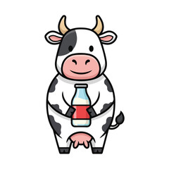Obraz premium Cute Cartoon Cow Holding Milk Bottle Dairy Mascot Character