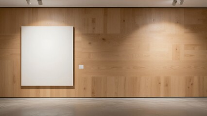 Large blank canvas mockup in a modern minimalist oak wood gallery interior.