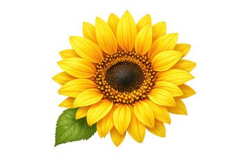 Bright yellow sunflower head blooming, showing petals, seeds, and green leaf, isolated on transparent background