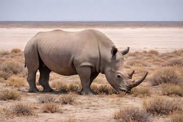 Fototapeta premium Wild Rhinoceros Grazing in Dry Savanna Landscape under Natural Light