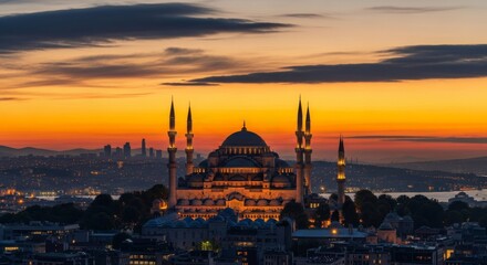 Obraz premium Grand Mosque Illuminated at Sunset over Cityscape
