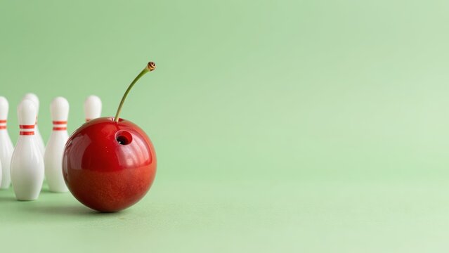 Giant translucent cherry bowling ball heading for milk bottle pins on a lime-green background, featuring a vibrant seventy percent copy space on the right for high-impact creative titles.