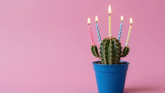 Absurd cactus with colorful birthday candle needles in a blue pot, set against a flat magenta field that provides a saturated and bold space for high-impact and playful text placement.