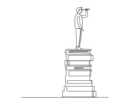 Man stands atop a towering stack of books, gazing into the distance with a telescope, representing the pursuit of knowledge for future insight and discovery