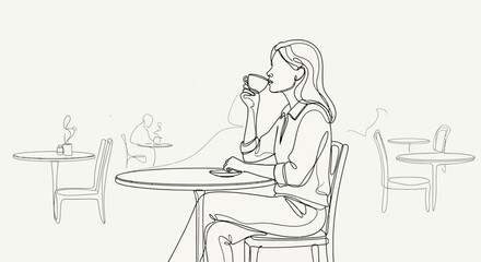 Obraz premium Woman Drinking Coffee at Outdoor Table.
