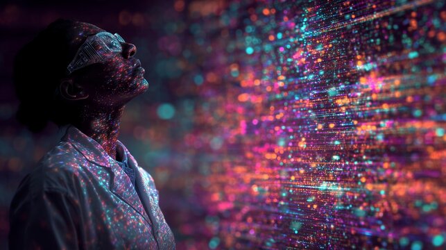 Scientist Observing Glowing Algorithm Data Stream in Futuristic Laboratory, Artificial Intelligence Information Overload Concept, Advanced Technology Analysis and Computational Insight Theme - Powered by Adobe