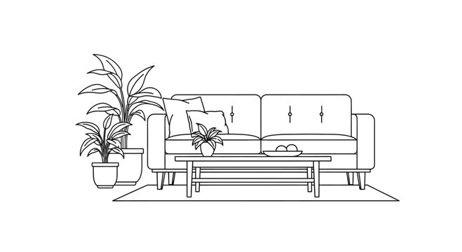 Line Art Sofa and Coffee Table Illustration.