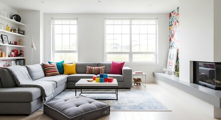Modern living room with gray couch and colorful pillows and a coffee table on a patterned rug in front of a large window