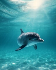 Fototapeta premium Dolphin swimming underwater in clear blue water with sunlight rays.