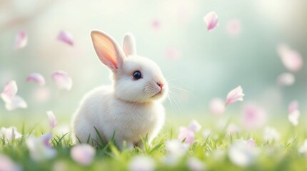 Small white rabbit sitting in a green meadow with falling pink flower petals. Fluffy bunny in a spring garden with soft bokeh background. Easter holiday and nature concept