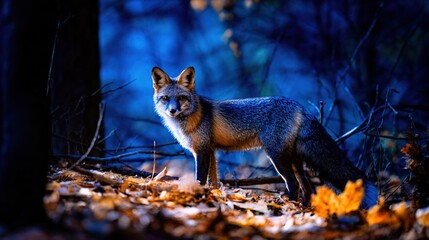 Obraz premium Close-up Fox at Blue Hour in Autumn Forest in natural habitat