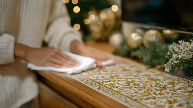 252Close-up of a woman wiping holiday dust off a TV stand, ornaments and cables moved aside, clean shiny surface emerging, warm indoor lighting emphasizing tidiness