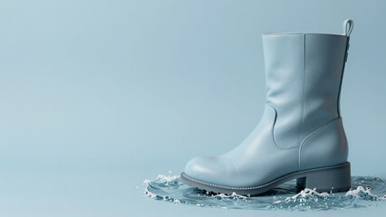 Leather boot morphing into ocean waves in pale blue pastels, featuring negative space dominance and space.