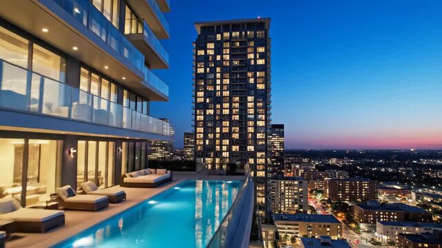 Modern highrise apartment exterior view overlooking illuminated cityscape at dusk