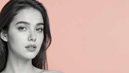 Faded woman's face on the left third in coral pastel, featuring a clean right-side empty space and space.