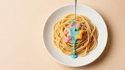 Top-down spaghetti with paint drizzle on the right side in apricot pastel, providing a stark simplicity and space.
