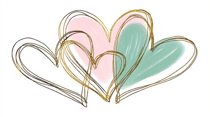 Four hearts with a combination of delicate gold sketch lines and pastel colors. Valentine's Day, love, friendship concept. White background, space for text. 