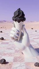 Surreal 3D scene of a colossal porcelain hand emerging from a checkered marble floor holding a volcanic rock ice cream cone, featuring liquid-chrome fingernails under a lavender desert sky.