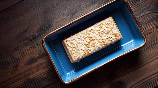 Rectangle nut-covered dessert bar in blue edged dish, atop a distressed dark wood background