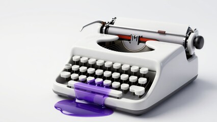Visionary 3D surrealist typewriter made of high-gloss white porcelain with melting keys merging into a pool of deep-violet ink, featuring minimalist negative space and dramatic focused lighting.