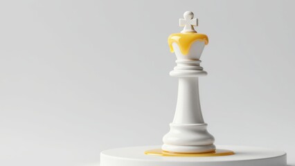 Minimalist 3D artwork of a high-gloss white porcelain chess king with a melting crown of solar-yellow liquid, resting on a pedestal with hyper-realistic textures and sharp studio lighting.