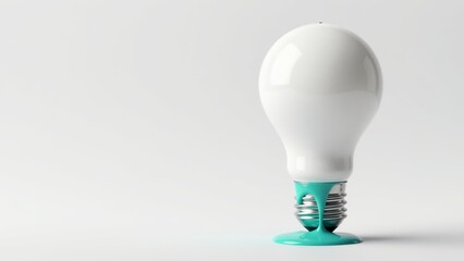 Minimalist 3D scene of a white porcelain lightbulb melting into electric-teal liquid plastic, floating in a sterile white-on-white studio environment with clean negative space for editorial text.
