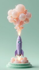 Lavender porcelain rocket taking off from a mint velvet pedestal, emitting a peach gelatin explosion and glowing pearls. Concept of dreamlike exploration and premium whimsicality.