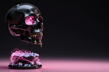 High-gloss obsidian skull with hot-pink bioluminescent crystals and liquid gold drips against a matte-black void. Concept of dark digital elegance and the luxury of futuristic mortality.