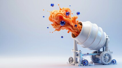Porcelain concrete mixer erupting with orange silk and cobalt glass spheres against a minimalist blue gradient. Concept of industrial metamorphosis and the fluid energy of construction.