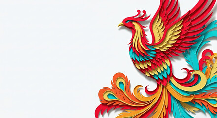 Fototapeta premium Colorful phoenix illustration with vibrant designs representing renewal and prosperity on a clean background with copy space for Chinese New Year poster use.